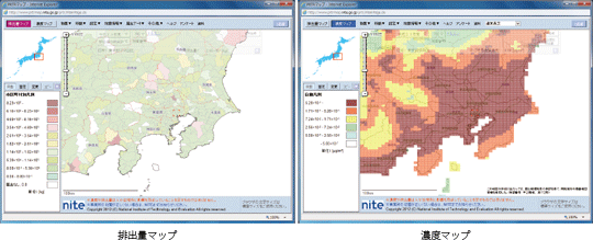 トルエンの排出源マップ画面(左)と大気中濃度マップ画面(右)