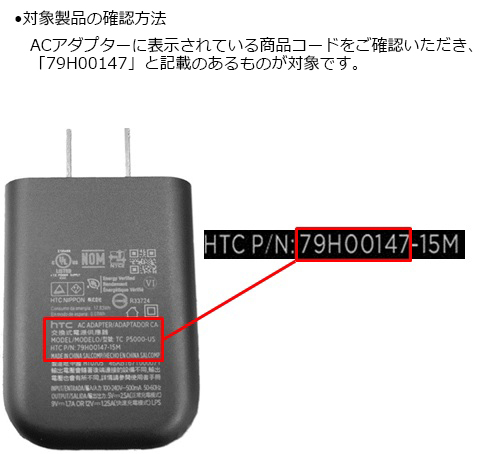 HTC NIPPON株式会社　スマートフォン用ACアダプター　対象製品の確認方法　ACアダプターに表示されている商品コードをご確認いただき、「79H00147」と記載のあるものが対象です。