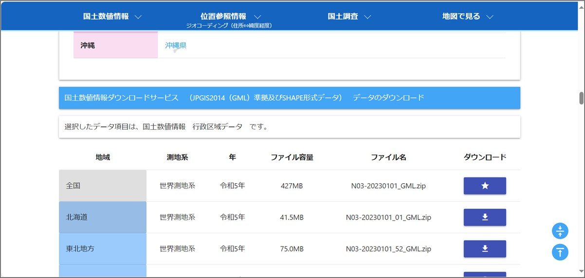 行政区域データダウンロード画面