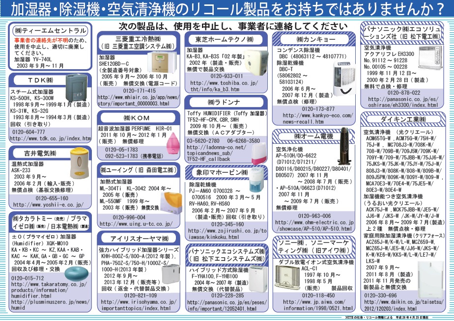 加湿器・除湿機・空気清浄機のリコール製品をお持ちではありませんか？