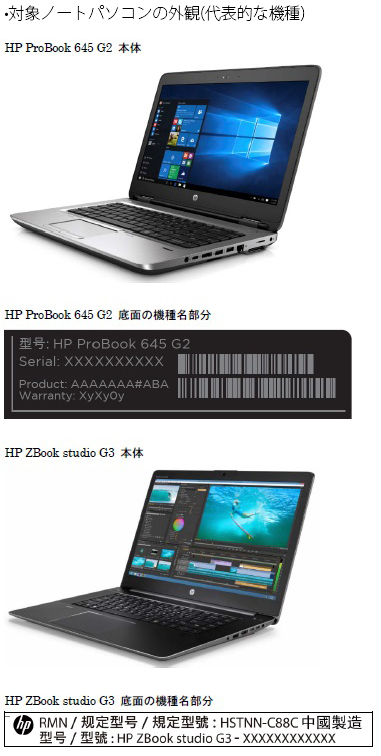 株式会社日本HP　ノートパソコン用バッテリーパック　対象製品の代表的な機種の外観図　