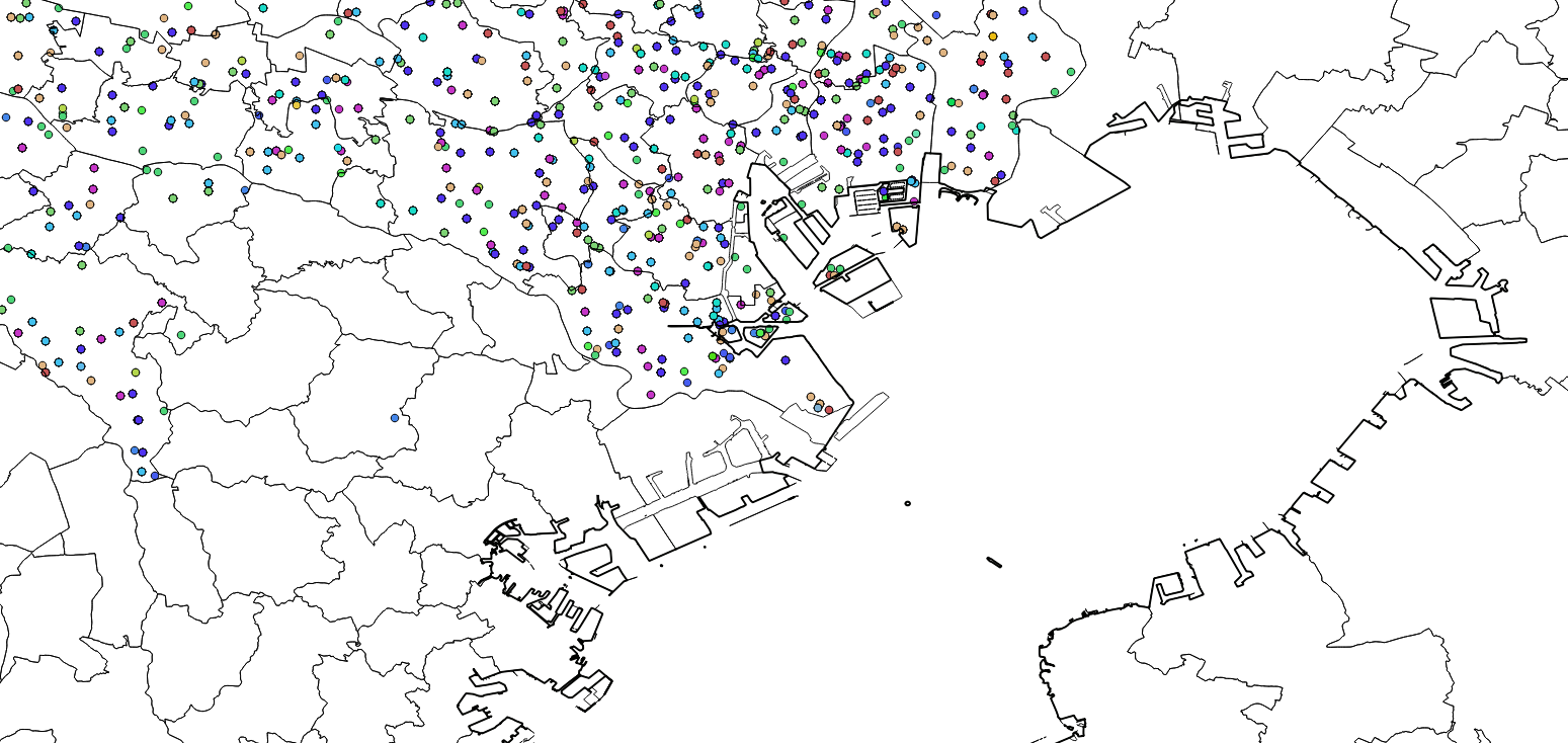 行政区域を指定（東京都）して化学物質（大気への排出）ごとに色分けした例
