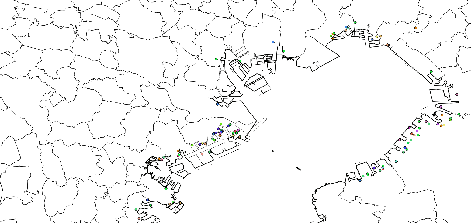 排出先を指定（東京湾）して化学物質（公共用水域への排出）ごとに色分けした例