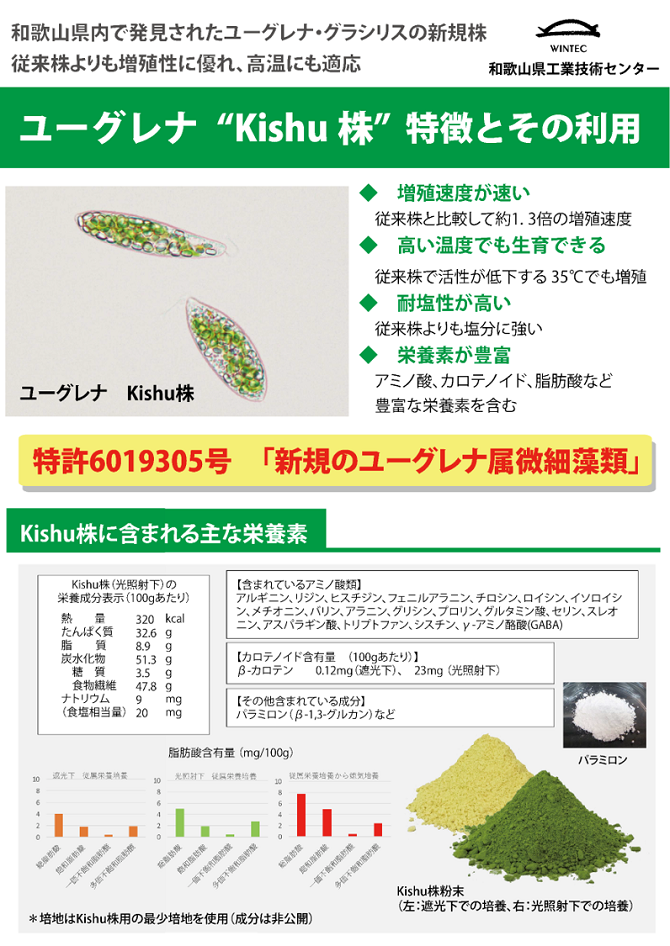 ユーグレナKishu株の特長とその利用についての紹介図