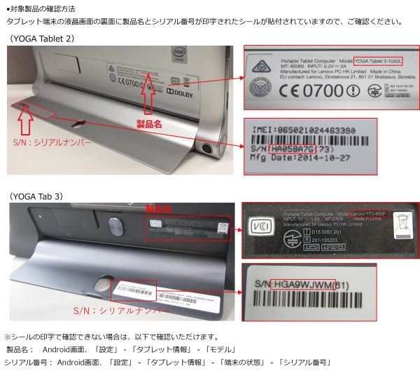 レノボ・ジャパン合同会社　タブレット端末　対象製品の確認方法