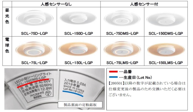アイリスオーヤマ株式会社　LEDシーリングライト　対象製品の確認方法