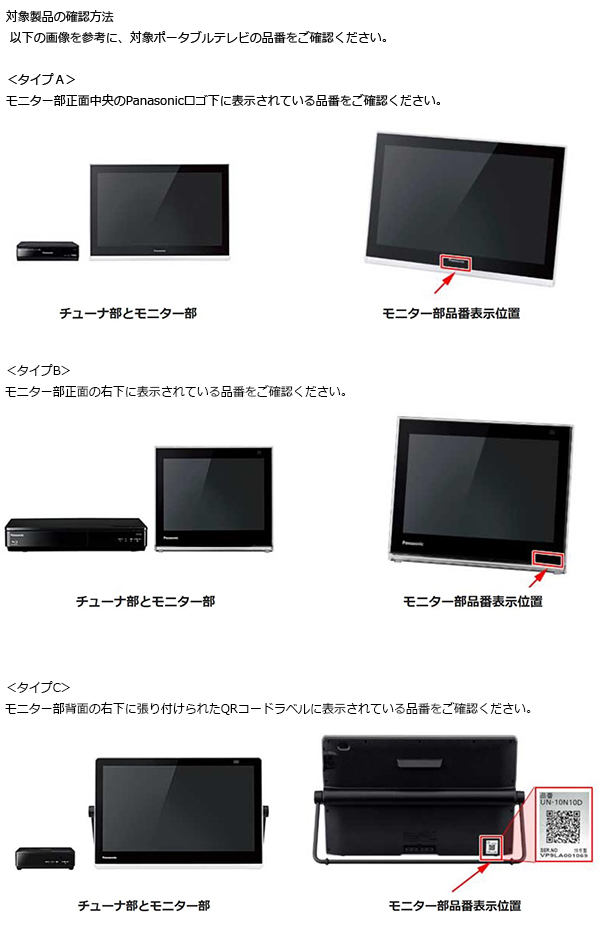 パナソニック株式会社　ポータブルテレビ補修用バッテリーパック 　対象製品の対象製品の確認方法