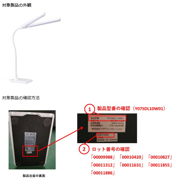 株式会社ヤザワコーポレーション　LED照明器具 　対象製品の外観・確認方法