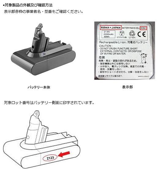 ロワ・ジャパン有限会社　バッテリー（リチウムイオン、電気掃除機用）　対象製品の外観および確認方法