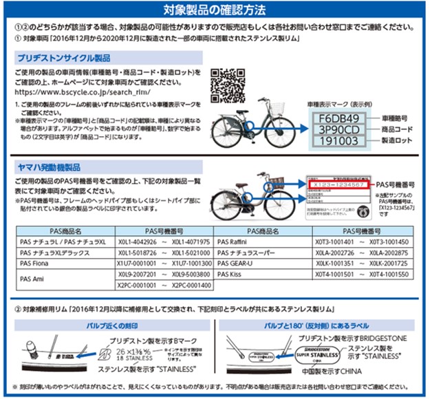 2022/10/11　ブリヂストンサイクル株式会社／ヤマハ発動機株式会社　自転車用リム （自転車用車輪のステンレス製リムです）対象製品の確認方法