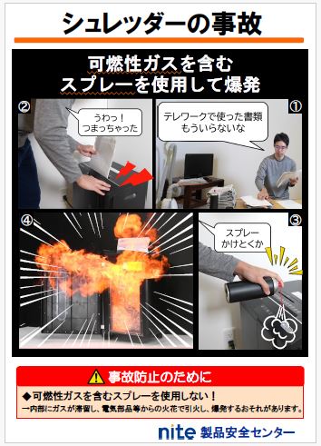 シュレッダーの事故　可燃性ガスを含むスプレーを使用して爆発